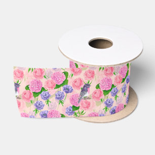 Robin and flowers, watercolor pattern satin ribbon