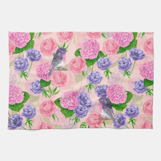 Robin and flowers, watercolor pattern tea towel (Horizontal)