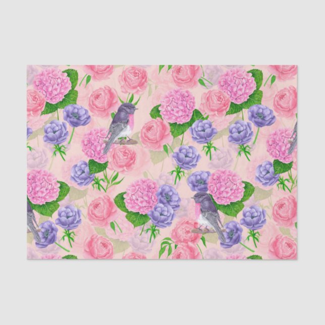 Robin and flowers, watercolor pattern tissue paper (Front)