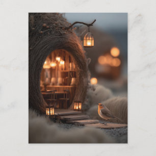 Robin and Glowing Fairy House in a Magical Forest Postcard