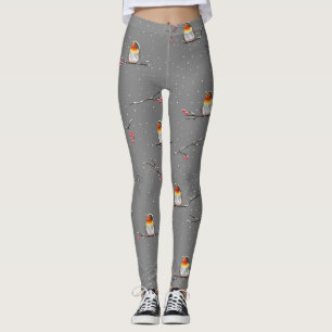 robin and snow pattern leggings