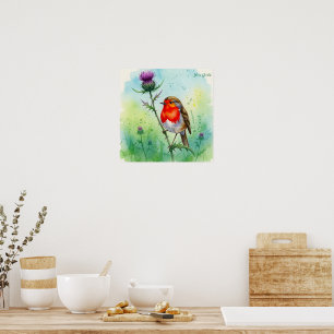 Robin Bird and Thistle Flower Botanical Watercolor Poster