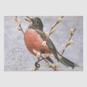 Robin Bird Branch French Postmark Blue Decoupage Tissue Paper