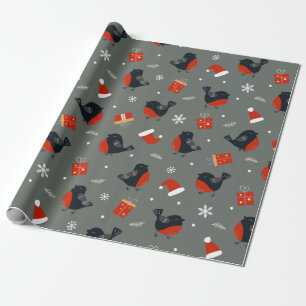Robin Bird Christmas Pattern with Gifts and Santa Wrapping Paper