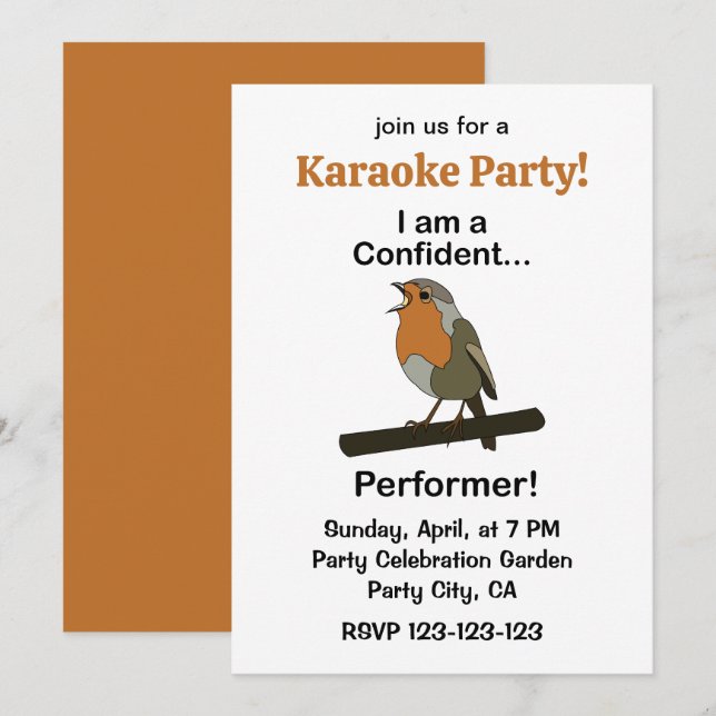 Robin Bird Confident Performer Funny Karaoke Party Invitation (Front/Back)