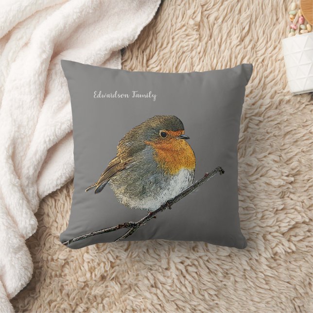 Robin bird family monogram name grey throw pillow (Blanket)