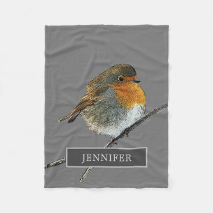 Robin bird family monogrammed grey fleece blanket