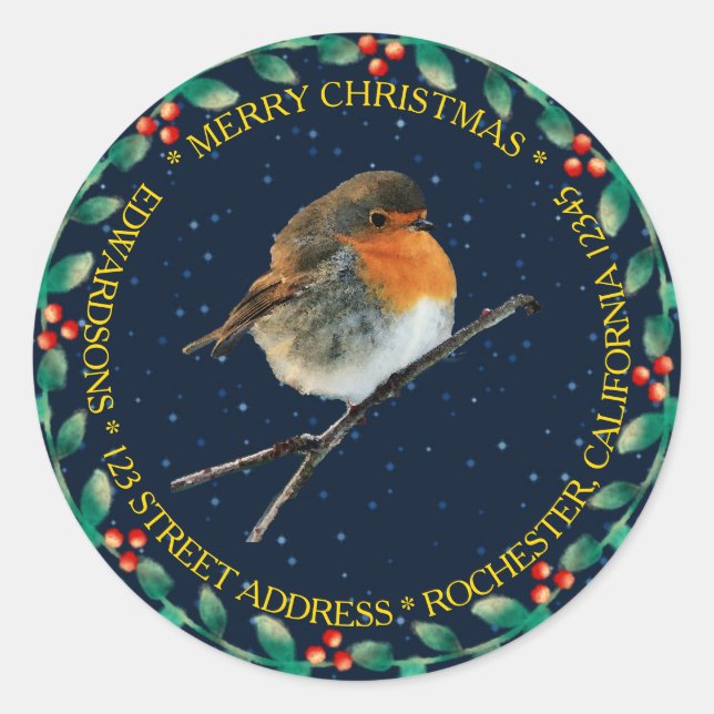 Robin bird family name Merry Christmas holly Classic Round Sticker (Front)