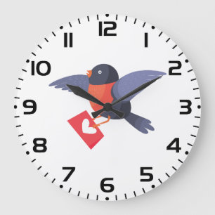 Robin Bird Flying with Red Heart Love Letter Large Clock