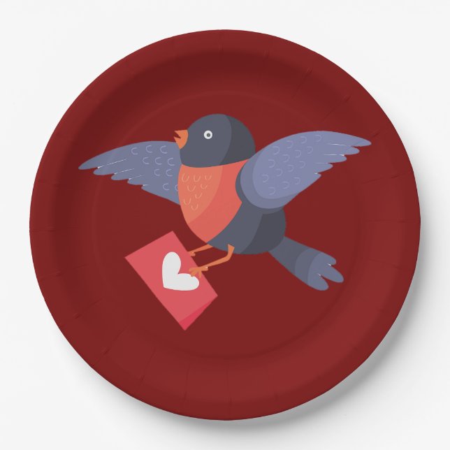 Robin Bird Flying with Red Heart Love Letter Paper Plate (Front)