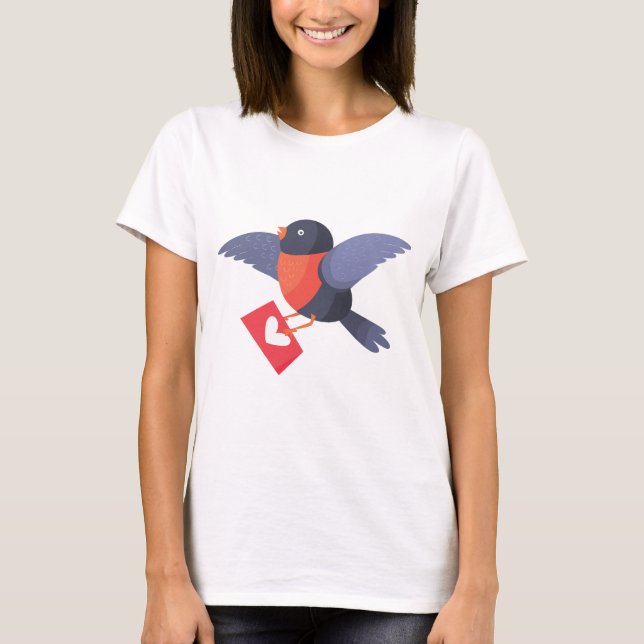 Robin Bird Flying with Red Heart Love Letter T-Shirt (Front)
