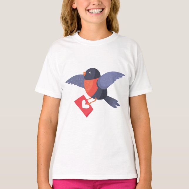 Robin Bird Flying with Red Heart Love Letter T-Shirt (Front)