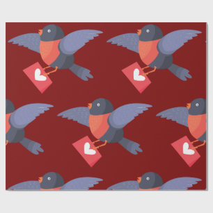 Robin Bird Flying with Red Heart Love Letter Wrapping Paper