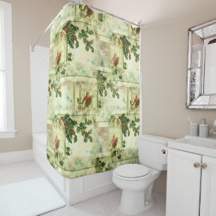 Robin Bird Holly Pattern Christmas New Year Floral Shower Curtain