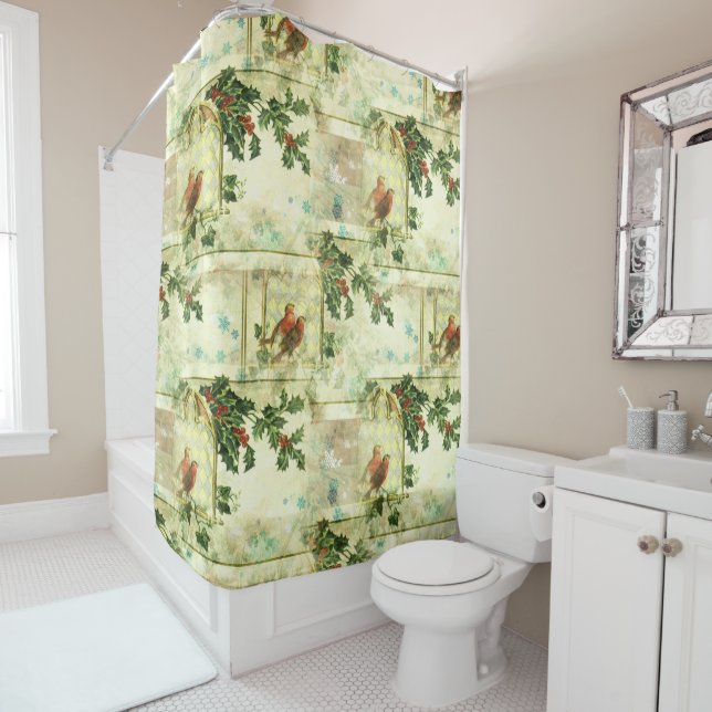 Robin Bird Holly Pattern Christmas New Year Floral Shower Curtain (In Situ)