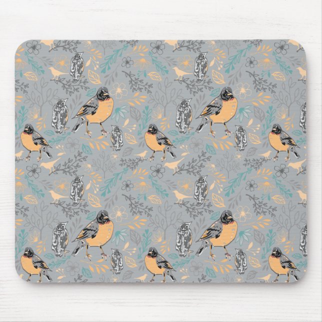 Robin Bird Mama and Baby Summer Brood With Flowers Mouse Pad (Front)
