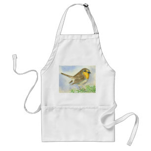 Robin bird on a frosted juniper branch standard apron