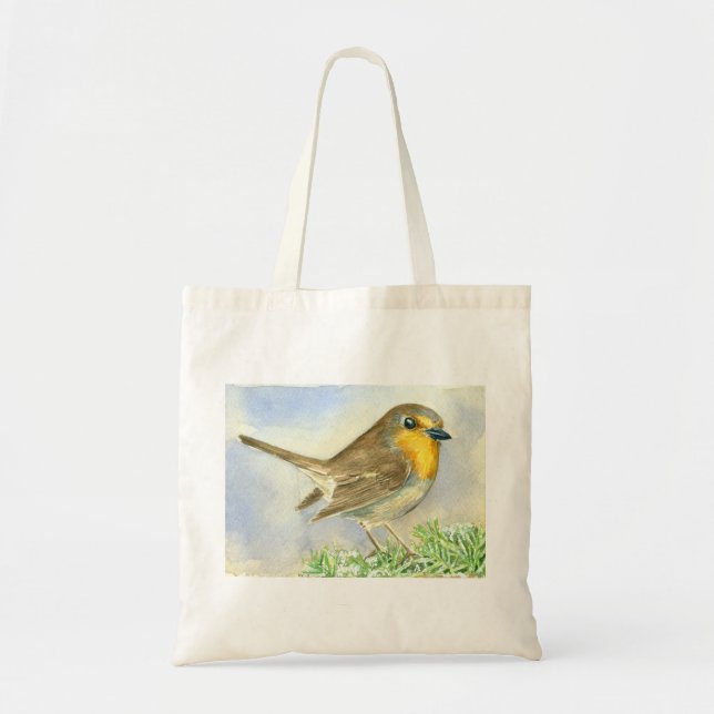 Robin bird on a frosted juniper branch tote bag (Front)