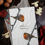 Robin Bird on Branch Personalised Kitchen Towel<br><div class="desc">A hand painted british robin sat on a snowy winter's branch. Just add your name to this kitchen towel. His name is Bob.</div>