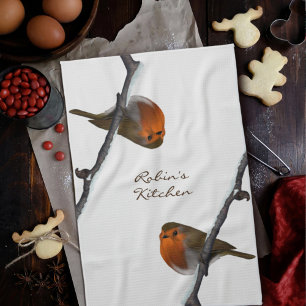 Robin Bird on Branch Personalised Kitchen Towel