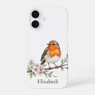 Robin Bird on flower Branch Cute Bird Personalized iPhone 16 Case