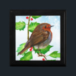 Robin Bird on Holly Watercolor Painting Gift Box<br><div class="desc">This is a beautiful hand-painted robin bird on holly leaves and holly berries on a snowflake background watercolor artwork. This wildlife artwork uses artist-quality paints to reveal the colorful plumage of this wild bird. This English robin bird has different colors than the American robin, but they are very closely related....</div>