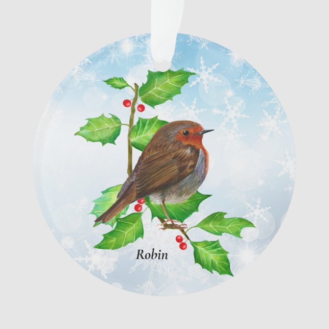 Robin Bird on Holly Watercolor Painting Ornament (Front)