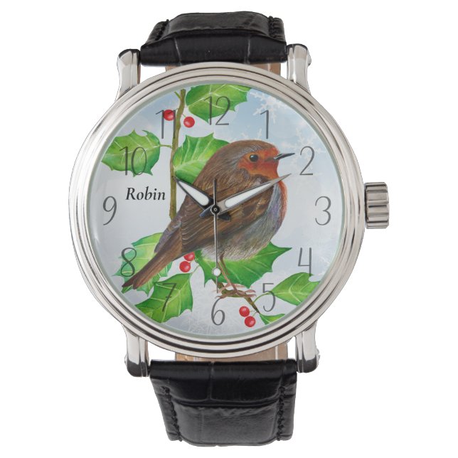 Robin Bird on Holly Watercolor Painting Watch (Front)