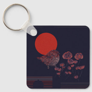 Robin Bird Red Sun Illustration Key Ring