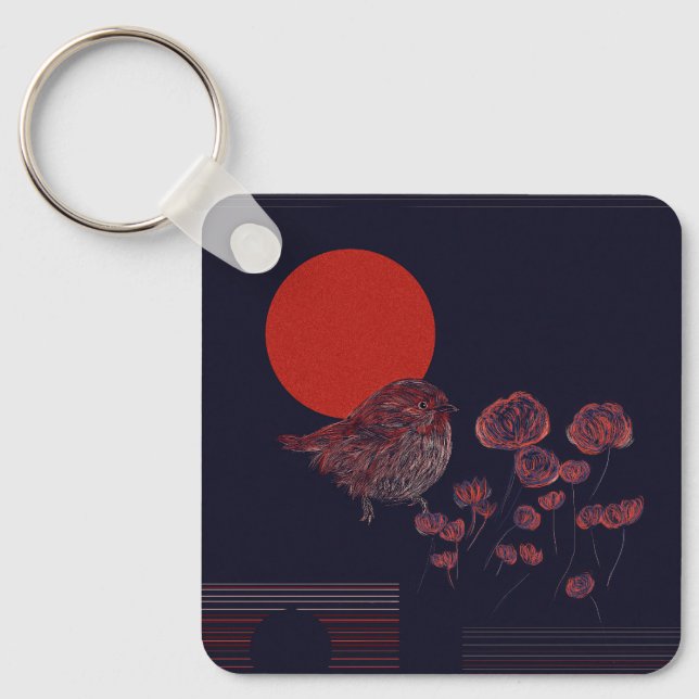 Robin Bird Red Sun Illustration Key Ring (Front)