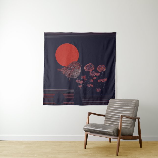 Robin Bird Red Sun Illustration Tapestry (In Situ)