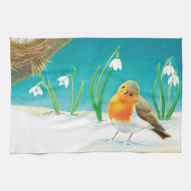 Robin Bird, snow & snowdrops Illustration  Tea Towel (Horizontal)