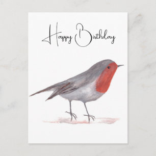 Robin bird watercolor Birthday Art Festive Winter Postcard