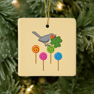 Robin Bird with Shamrock and Colorful Lollipops Ceramic Ornament