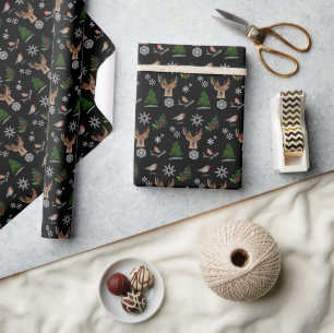 Robin Bird Woodland Stag Deer watercolor pattern Wrapping Paper