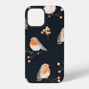 Robin birds and berries rowan on dry branches, sea iPhone 12 case