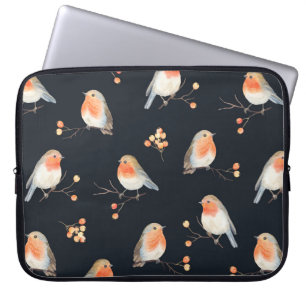 Robin birds and berries rowan on dry branches, sea laptop sleeve