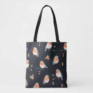 Robin birds and berries rowan on dry branches, sea tote bag