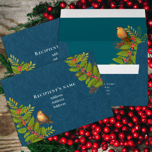 Robin Birds Holly Berry Dark Teal Envelope