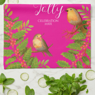 Robin Birds Holly Berry Hot Pink Tea Towel