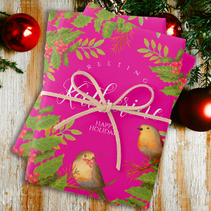 Robin Birds Holly Berry Hot Pink Wrapping Paper Sheet