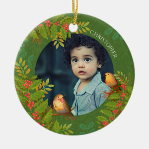 Robin Birds Holly Berry Photo Green Ceramic Tree Decoration