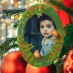 Robin Birds Holly Berry Photo Green Ceramic Tree Decoration