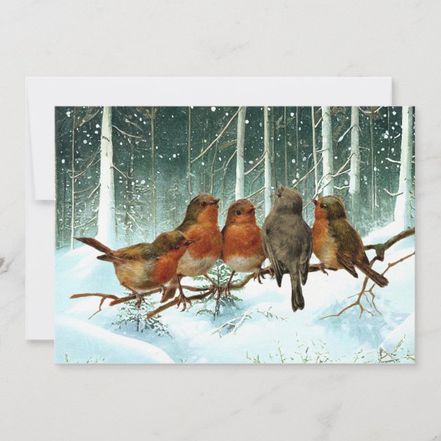 Robin Birds on Branch Snow Forest Winter Christmas Holiday Card (Front)
