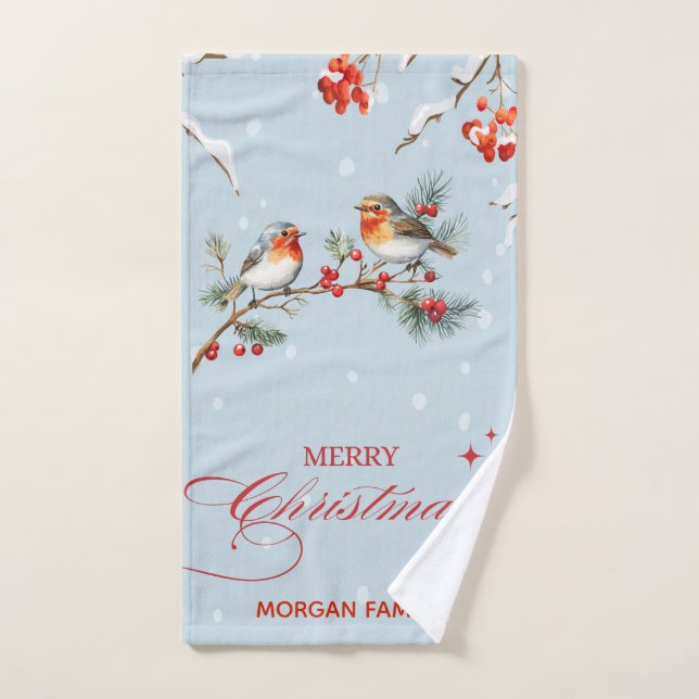 Robin Birds Tree Branchs Merry Christmas Blue Bath Towel Set (Hand Towel)