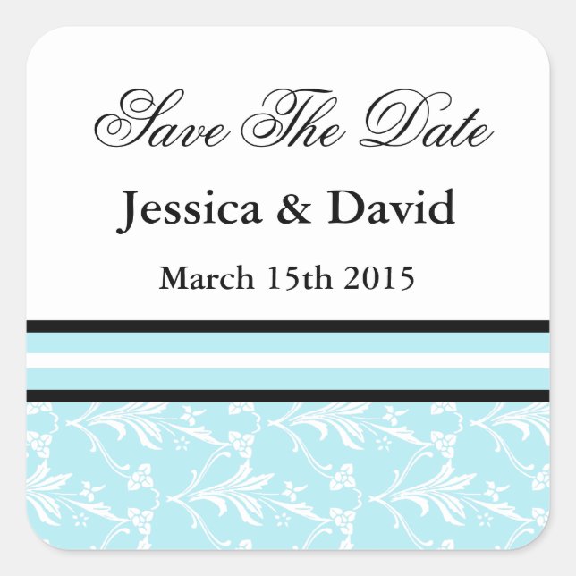 Robin Blue Damask Save The Date Stickers (Front)
