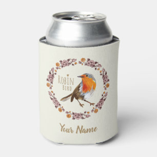 Robin Botanical vintage Flowers for bird lover Can Cooler