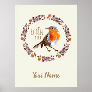 Robin Botanical vintage Flowers for bird lover Poster