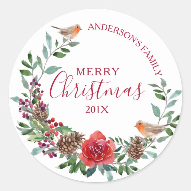 Robin & Christmas flowers & holly wreath Classic Round Sticker (Front)