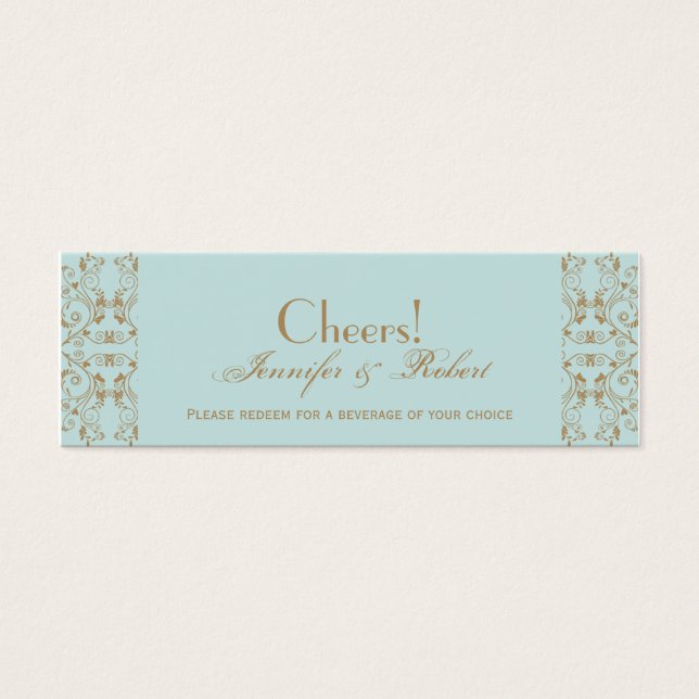 Robin Egg Blue and Gold Damask Drink Tickets (Front)